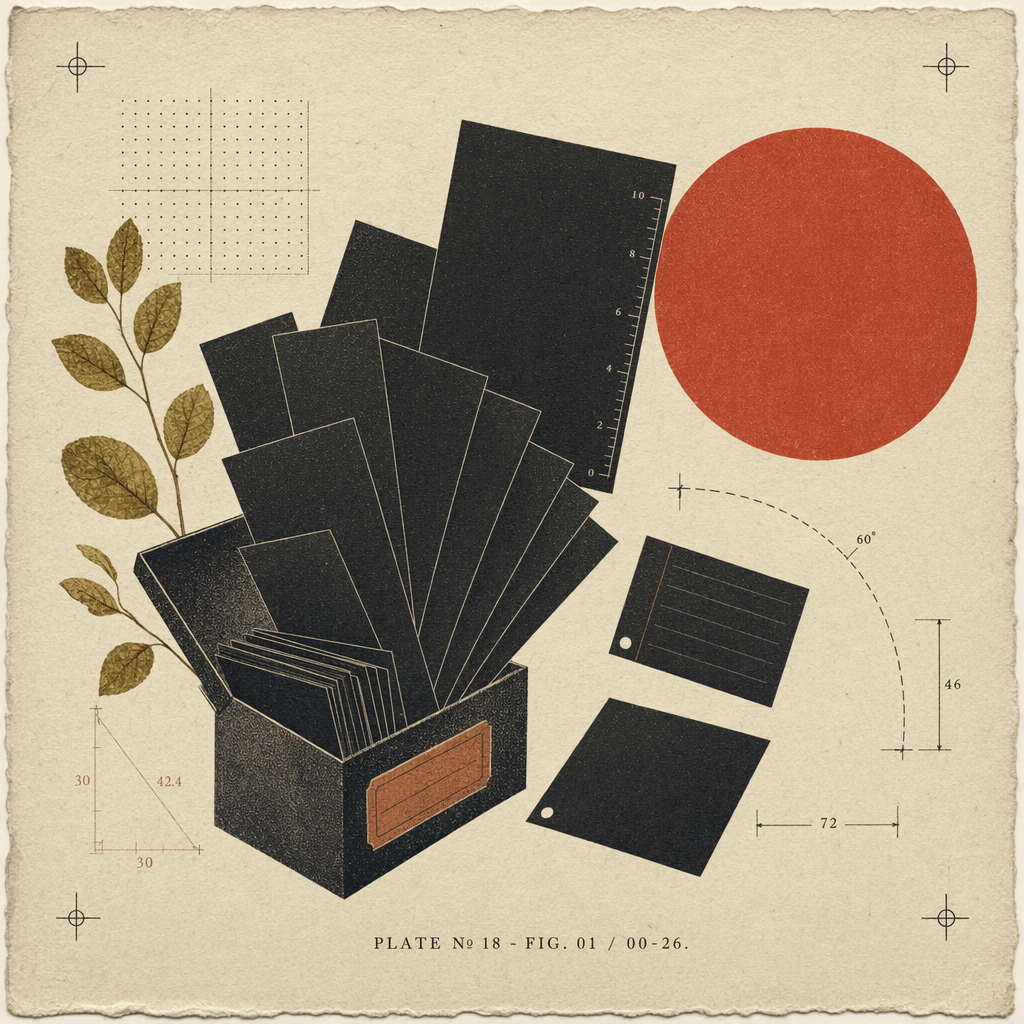 A fan of plain black paper sheets and index cards spreading out of an open container, a couple drifting free, on a warm editorial study plate